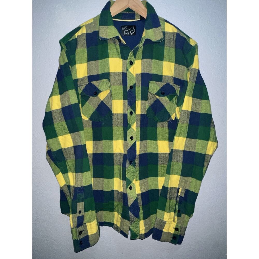 Fox Racing Plaid Flannel Shirt Green Yellow Check Button Up Long Sleeve‎ L